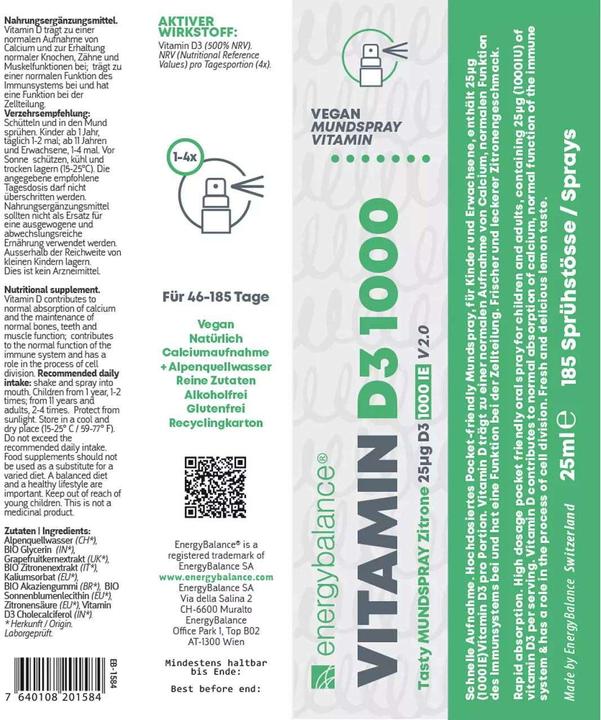 Nährwerte und Zutaten Energybalance Vitamin D3 1000 (1 Stück, Spray)