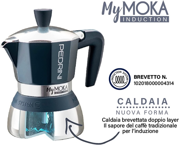 Actual product image Pedrini MyMoka - aluminum induction polished / gray ring 2 cups (2 T.)