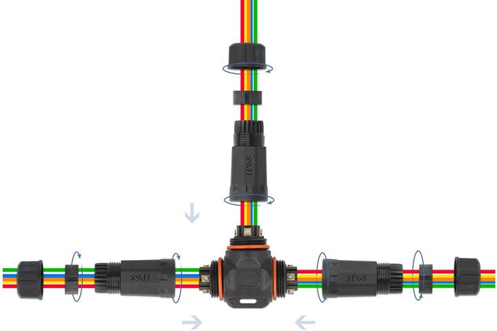 Produktbild Delock Kabelverbinder T-Form für Aussenbereich 5 Pin, IP68 wasserdicht, schraubbar, Kabeldurchmesser 4,5