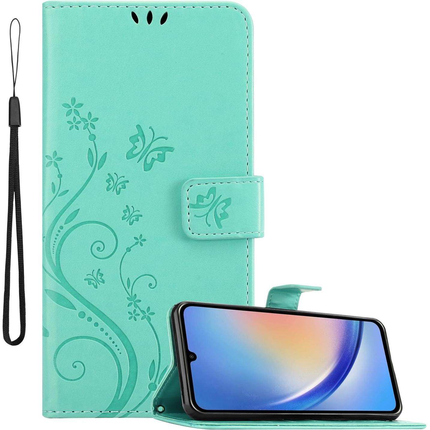 Cadorabo Hülle für Samsung Galaxy A34 5G mit Blumen Muster (Samsung Galaxy A34 5G), Smartphone Hülle, Türkis