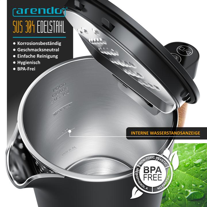 Image du produit Arendo Bouilloire en acier inoxydable 1,5 L, 2200 W, réglage de la température 45°C - 100°C, fonction (1.50 l)