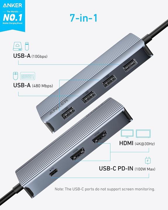 Produktbild Anker USB-C Hub 7-in-1 Dual Display Gray (USB-C, 7 Ports)
