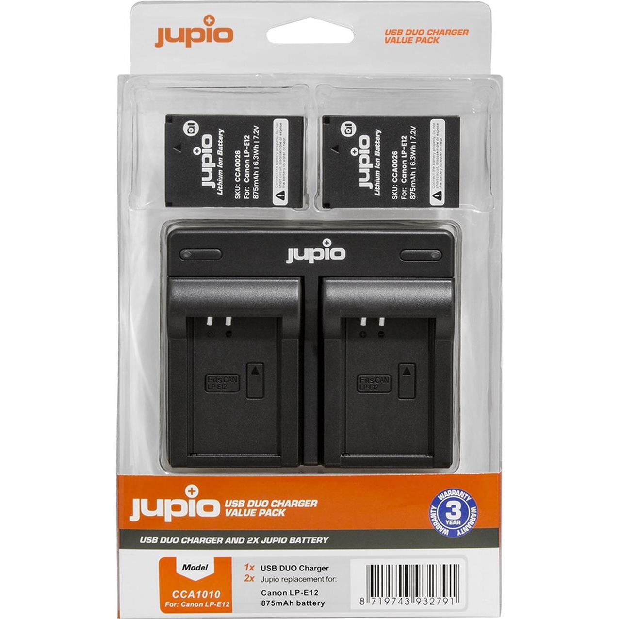 Jupio Kit LP-E12 + Caricatore USB DUAL (Caricabatterie per fotocamere), Alimentatore fotocamera, Nero