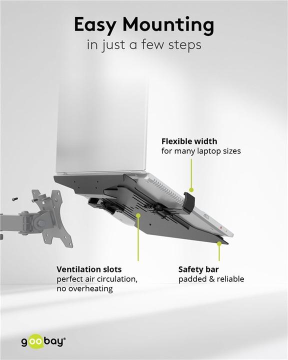 Image du produit Goobay Support d'ordinateur portable pour bras d'écran, noir (15.60", 4.50 kg)