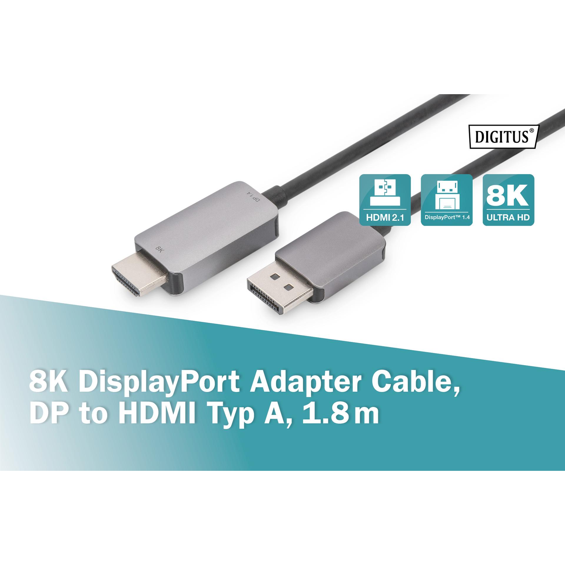 Digitus DisplayPort – HDMI (1.80 m, DisplayPort, HDMI), Video Kabel