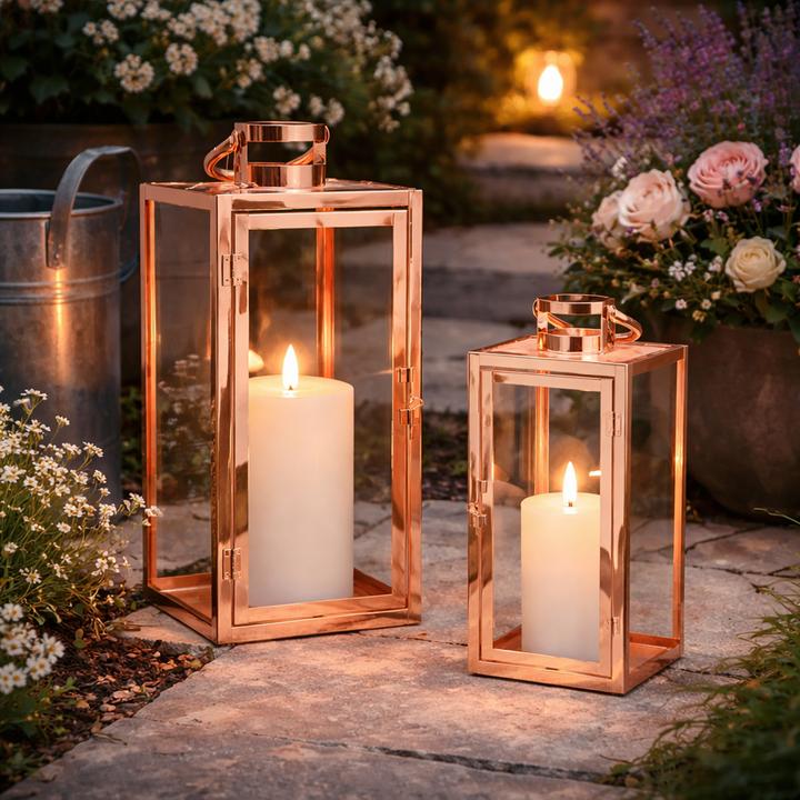 Produktbild Mojawo 2er Set Edelstahl-Laternen Gartenlaternen Kupferfarben Rosegold 30/40 cm