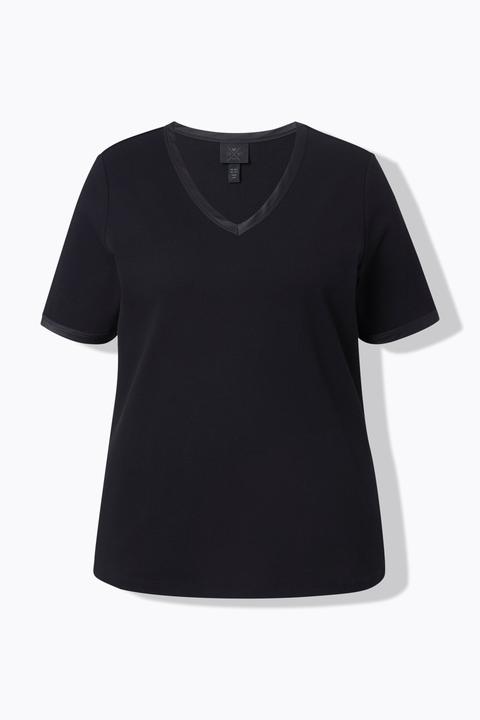 Actual product image Ulla Popken Satin Trimmed Ribbed Jersey Short Sleeve Tee (46, 48)