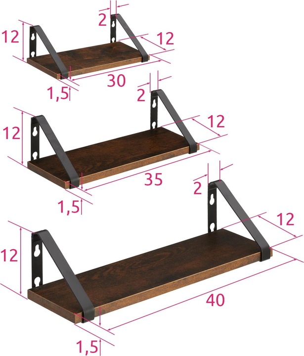 Produktbild tectake 3 Hängeregale Cowell (40 x 12 x 12 cm)