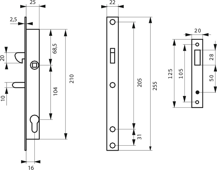 Actual product image Thirard Mortise lock with cylinder hook, axle 16mm, square ends, cylinder 30x30mm, galvanised, 3 rods (Mortise lock)