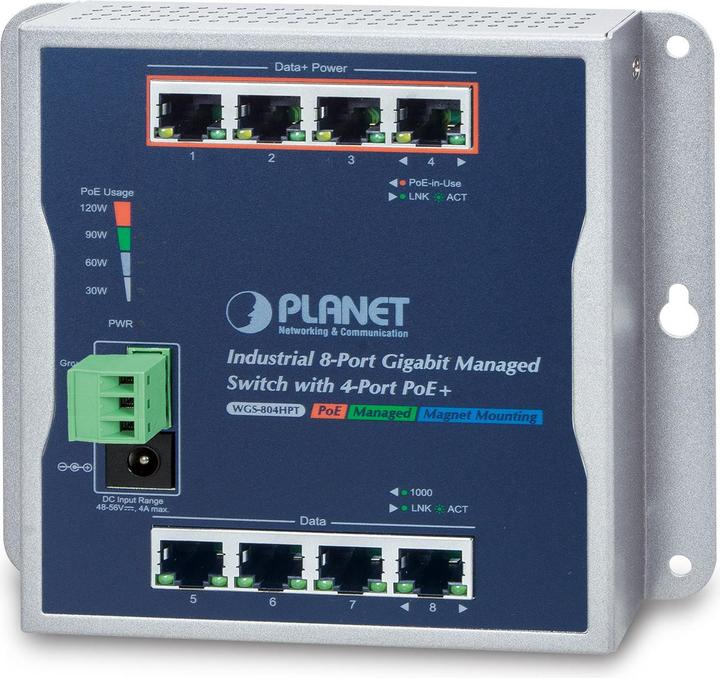 Image du produit Planet IP30 8-Port Gigabit Wall-mount Switch 4-Port 802.3at POE+ redundant power 48-56V DC -40/+75 C (8 ports)