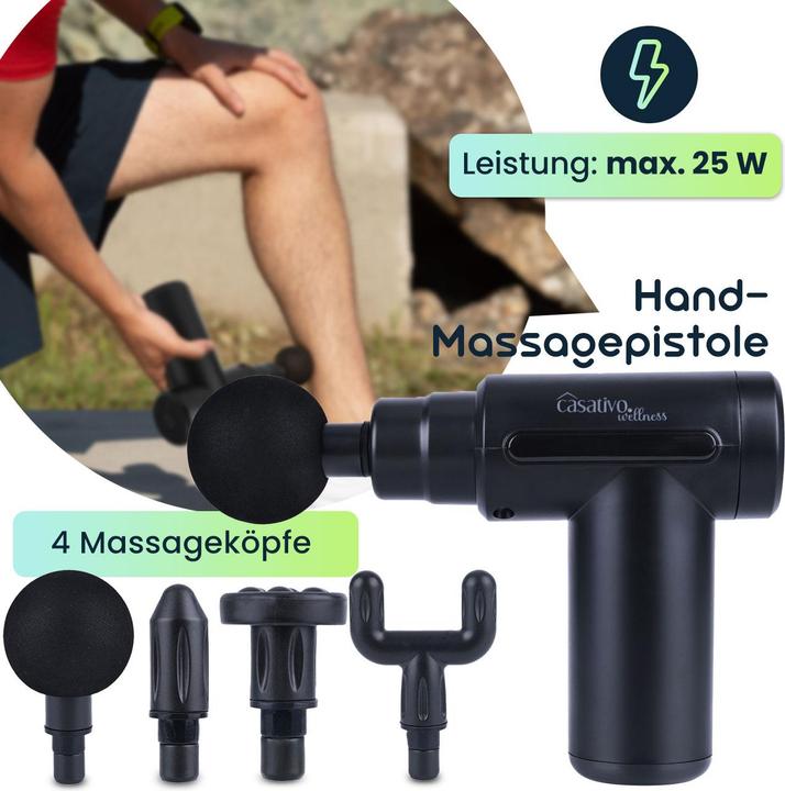 Actual product image Casativo Compact hand massage gun, rechargeable battery, with 4 attachments, USB-C, 25 W (6 Steps, 150 min)