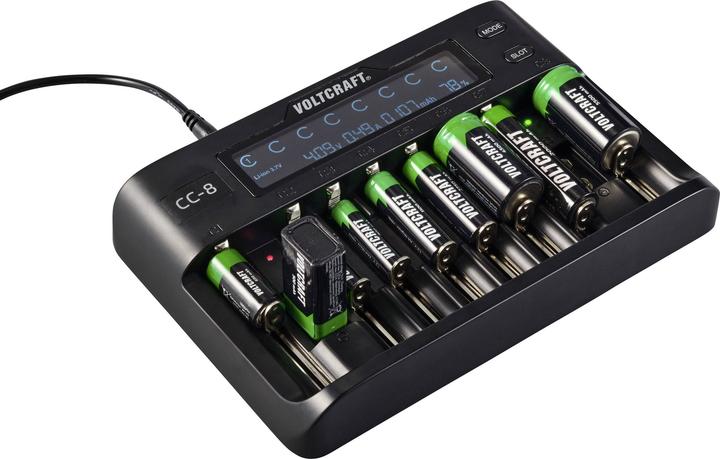 Productafbeelding Voltcraft VC-10882815 (1 Pcs., 10340, 14500, 16340, 17500, 17650, 18490, 18500, 18650, 21700, 22650, 26500, 26650, A, Sub-C, AAA, AA, 9V Block, Lader zonder batterij)