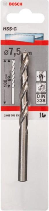 Immagine prodotto Bosch Professional Zubehör Trapano per metallo HSS-G, DIN 338, 7,5 x 69 x 109 mm, confezione da 1 pz. (7,5 mm)