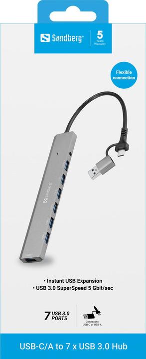 Actual product image Sandberg USB-C/A to 7 x USB 3.0 Hub (USB-A, USB-C, 7 ports)