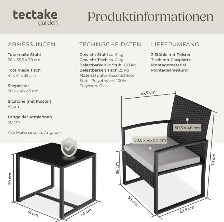 Image du produit tectake Ensemble de salon de jardin en rotin Granada avec table pour 2 personnes Noir