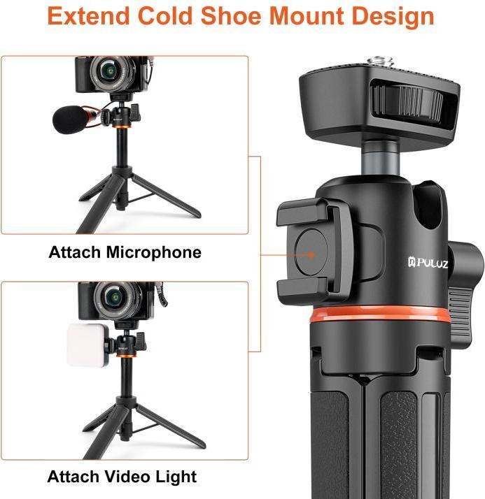 Produktbild Puluz Mini Phone Camera Extension Tripod Stand 360 Degree Ball Head Cold Shoe Selfie Stick (Black) (Metall)