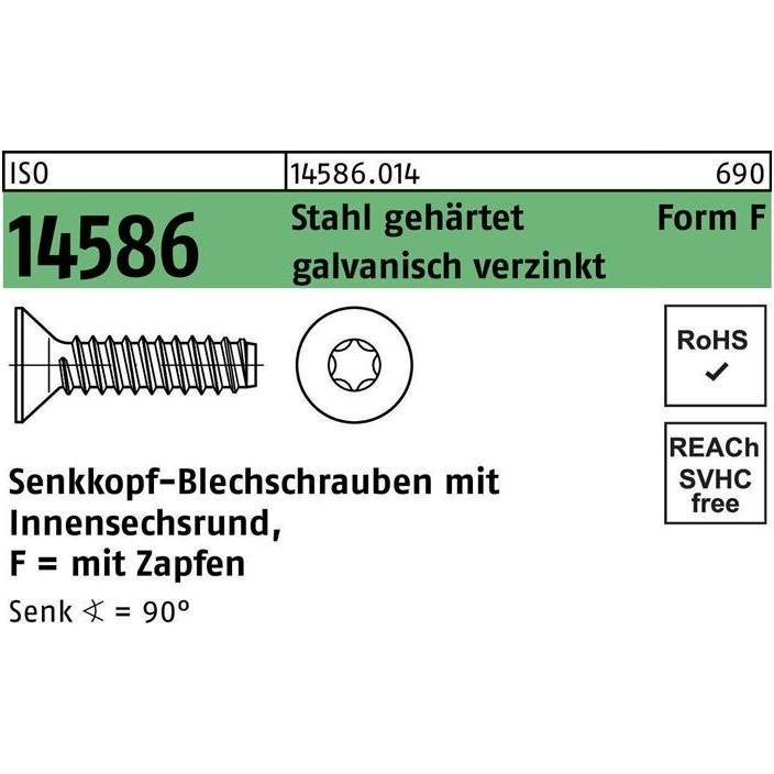 Schrauben, Senkblechschraube ISO 14586 m.Innensechsrund/Zapfen 5,5 x 50 -F Stahl gehärtet galvanisch verzinkt (250 Schra...
