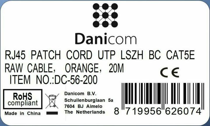 Produktbild Dsit CAT5e Netzwerkkabel, U/UTP, 20 meter, Orange, 100% Kupfer (U/UTP, UTP, CAT5e, 20 m)