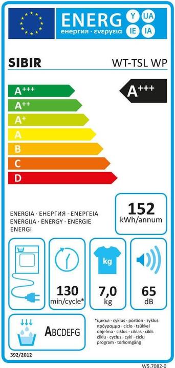 Energie-Label Sibir WT-TSL WP 12003 Swiss (7 kg, Rechts)