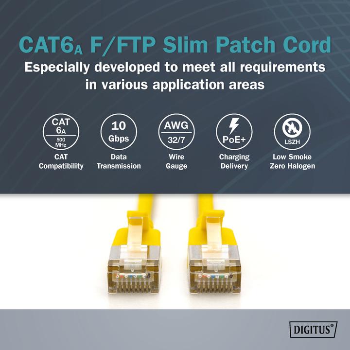 Image du produit Digitus CAT 6A classe Ea, F/FTP, Twisted Pair Patchkabel, Cu, LSZH, AWG 32/7, longueur : 3 m, jaune (F/FTP, CAT6a, 3 m)