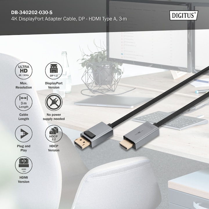 Produktbild Digitus DisplayPort — HDMI (Typ A) (3 m, DisplayPort)