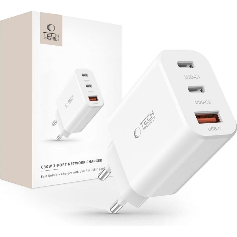 Tech-Protect Caricabatterie di rete (30 W), Caricatore USB, Bianco