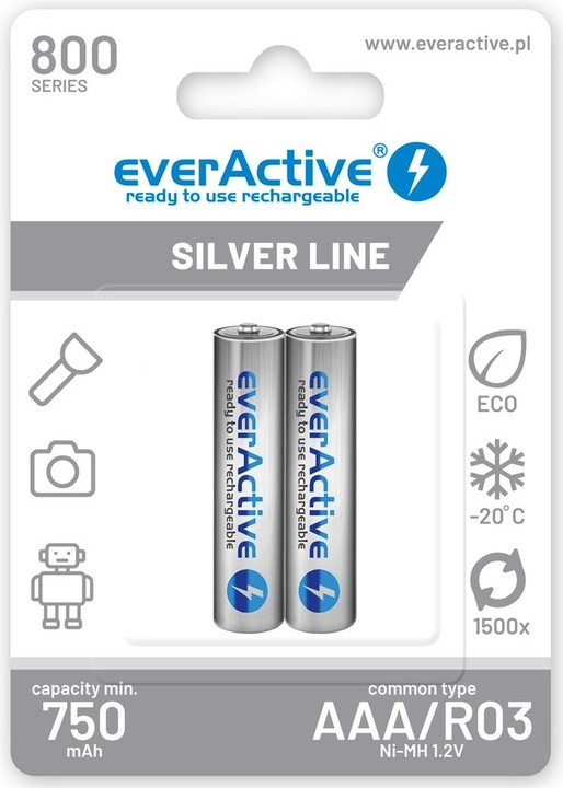 Productafbeelding Everactive Oplaadbare batterijen Ni-MH R03 AAA 800 mAh Silver Line - Batterij - Micro (AAA) (2 Pcs., AAA, 800 mAh)