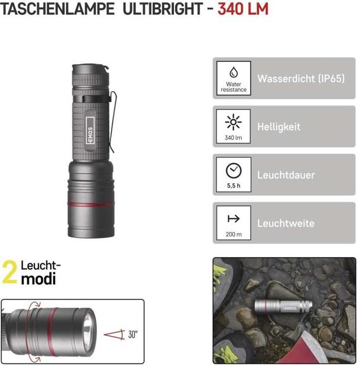 Actual product image Emos Torch, waterproof IP65, ULTIBRIGHT 70, CREE LED, 340lm, 3xAAA (12.40 cm, 340 lm)
