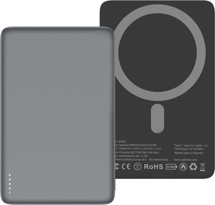 Image du produit Valenta Powerbank MagSafe Ultra Slim, Grau 5000 mAh (5000 mAh, 15 W, 19.35 Wh)