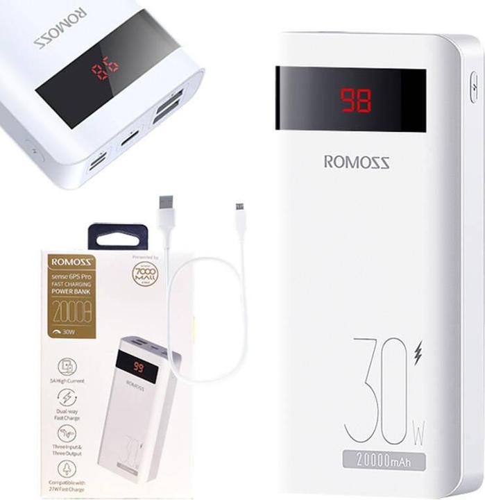 Actual product image Romoss Sense6PS Pro Powerbank 20000mAh, 30W (white) (20000 mAh, 30 W, 74 Wh)