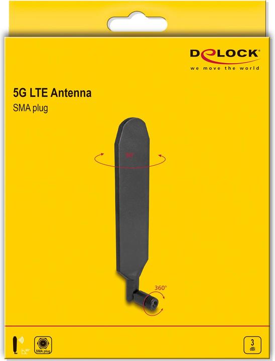 Produktbild Delock 5G LTE Antenne SMA Stecker 3 dBi omnidirektional drehbar mit Kippgelenk schwarz (5G, WLAN)