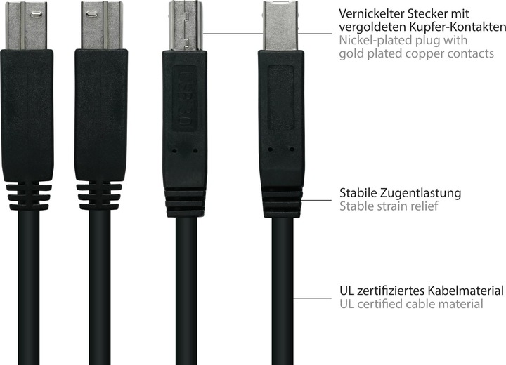 Produktbild Kabelmeister Anschlusskabel USB 3.0 Stecker A an Stecker B, Premium, DATA AWG28 / Power AWG24, UL (3 m, USB 3.2 Gen 1)