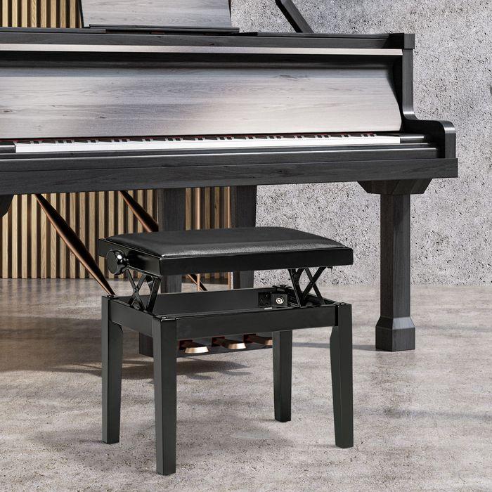 Actual product image Swisshandel24 Piano bench, piano chair, height-adjustable, elegant high gloss, imitation leather+rubber wood