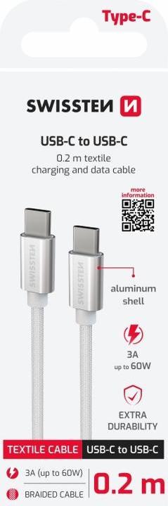 Produktbild Swissten Data Cable Textile USB-C / USB-C 0.2m - Silver (0.20 m)
