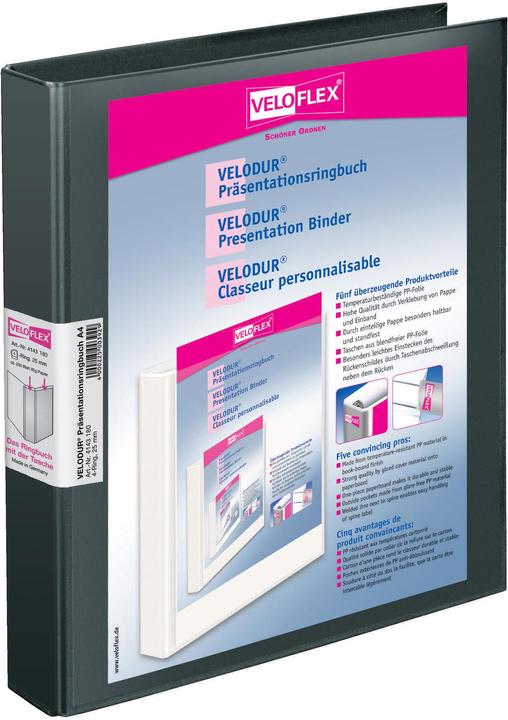 Immagine prodotto Veloflex Raccoglitore ad anelli di presentazione VELODUR® 40mm DIN A4 4 anelli D-mechanism cartone nero (A4, 33 mm, 1 pz.)