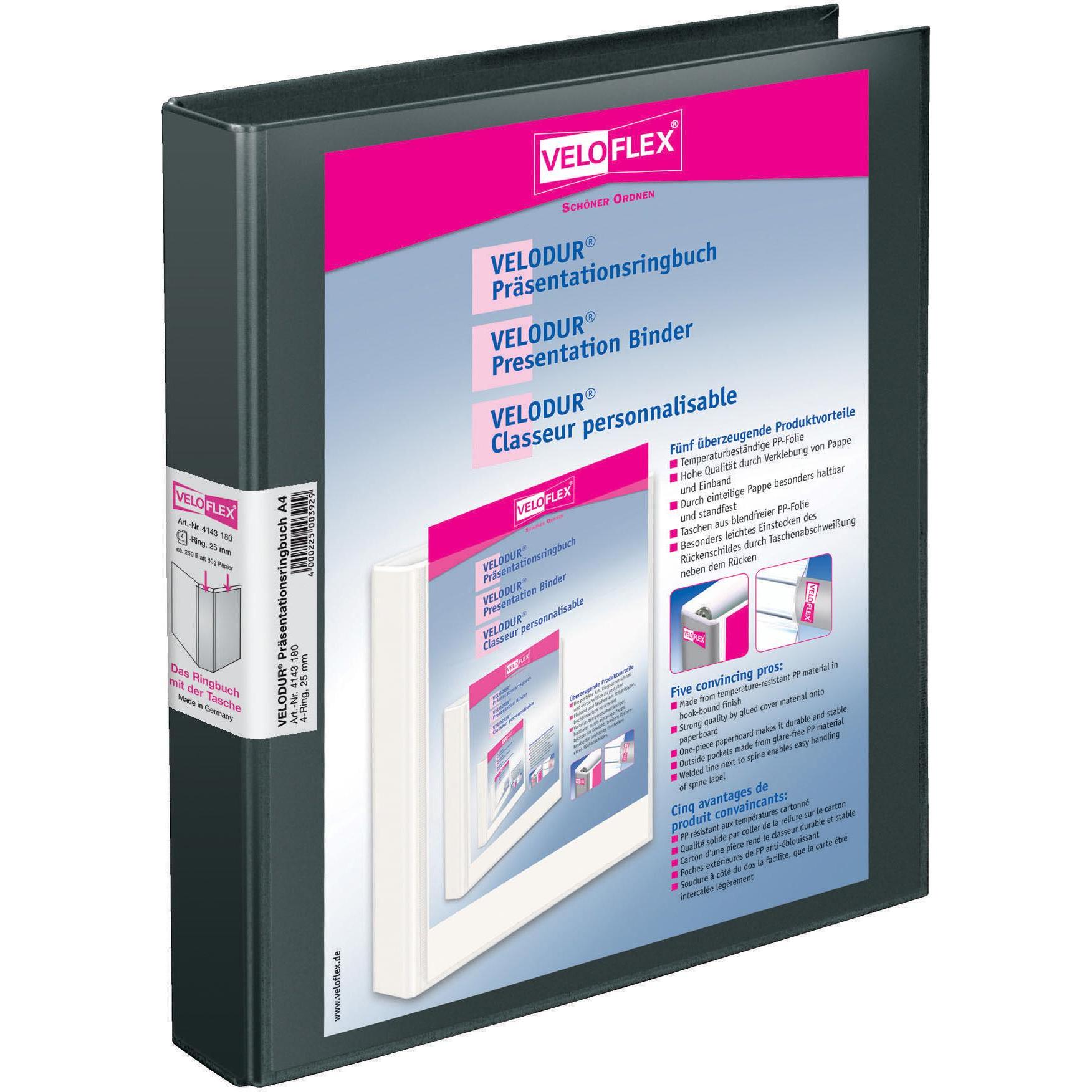 Veloflex, Ordner, Präsentationsringbuch VELODUR 40mm DIN A4 4 Ringe D-Mechanik Pappe schwarz (A4, 33 mm, 1 x)