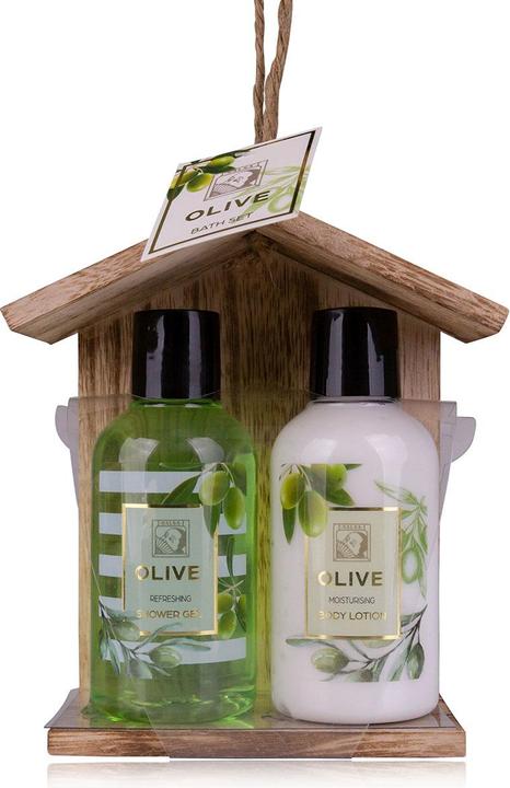 Immagine prodotto Accentra Set da bagno OLIVE in scatola di legno, include gel doccia da 150 ml, lozione corpo da 150 ml (Set per la cura dei capelli, Set per la cura del corpo)
