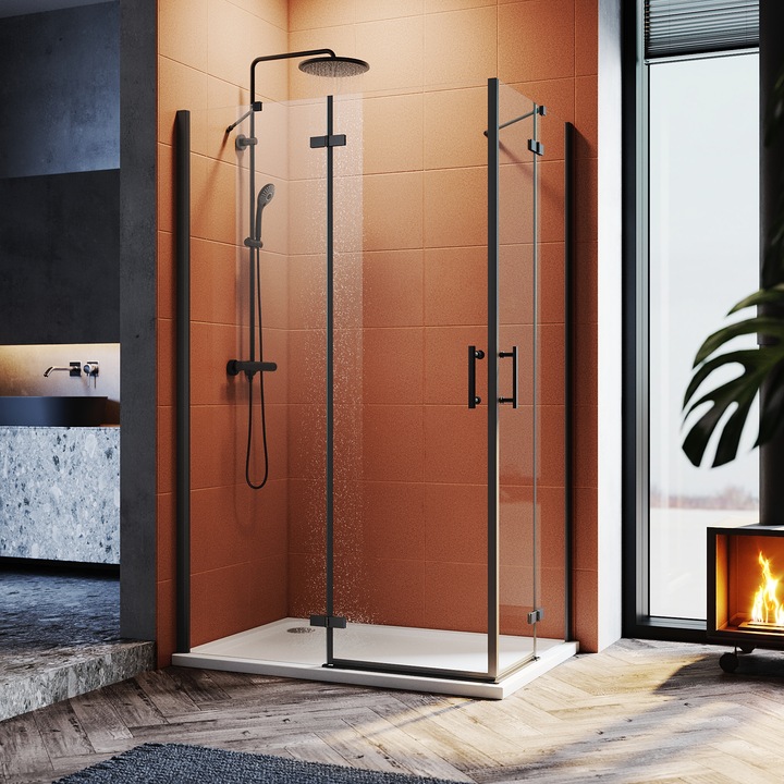 Produktbild SONNI Duschkabine mit Eckeinstieg, 100 x 120 cm, schwarze Dusche, Höhe 195 cm, mit Schwingtüren 6 mm (100 cm, 120 cm, 195 cm)