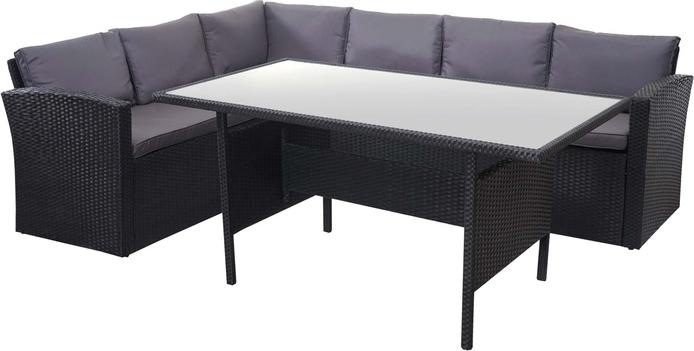 Produktbild Swisshandel24 Poly-Rattan-Garnitur, Gartengarnitur Sitzgruppe Lounge-Esstisch-Set, schwarz - Kissen dunkelgrau