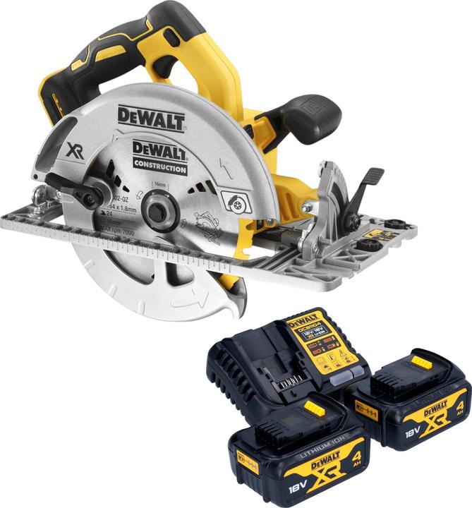 1x sega circolare portatile a batteria DeWalt DCS 572, 2x batteria DeWalt DCB 182 18 V 4.0 Ah, 1x caricatore rapido DeWalt