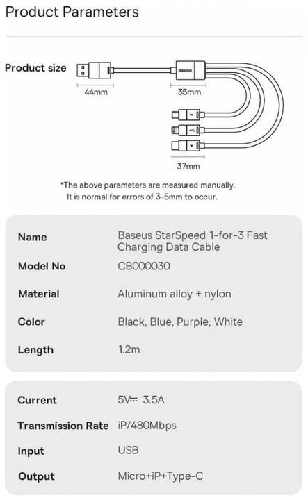 Actual product image Baseus 3in1 USB cable StarSpeed Series, USB-C + Micro + Lightning 3.5A, 1.2m (White) (1.20 m, USB 3.2 Gen 1)