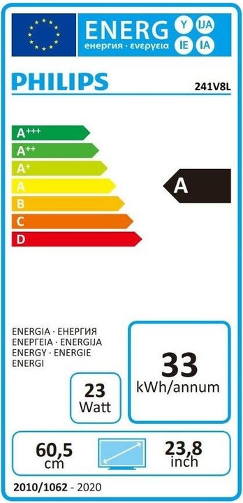 Label énergétique Philips 241V8L/00 (1920 x 1080 pixels, 23.80")