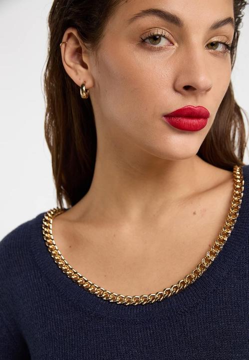 Actual product image Nelice Elegant Women's Knit Sweater with Gold Chain Neckline and Ribbed Cuffs (S, XS)