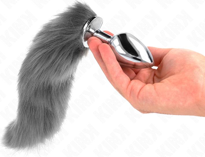 Pipedream Kink - Anal Plug Size L 10 X 4 cm With Plastic Tail 40 cm Grey  And White