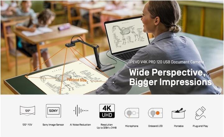 Produktbild Ipevo DOK V4K Pro 120 USB Ultra HD 8MP Mikro Licht grau (4K, 44 x 33 cm)