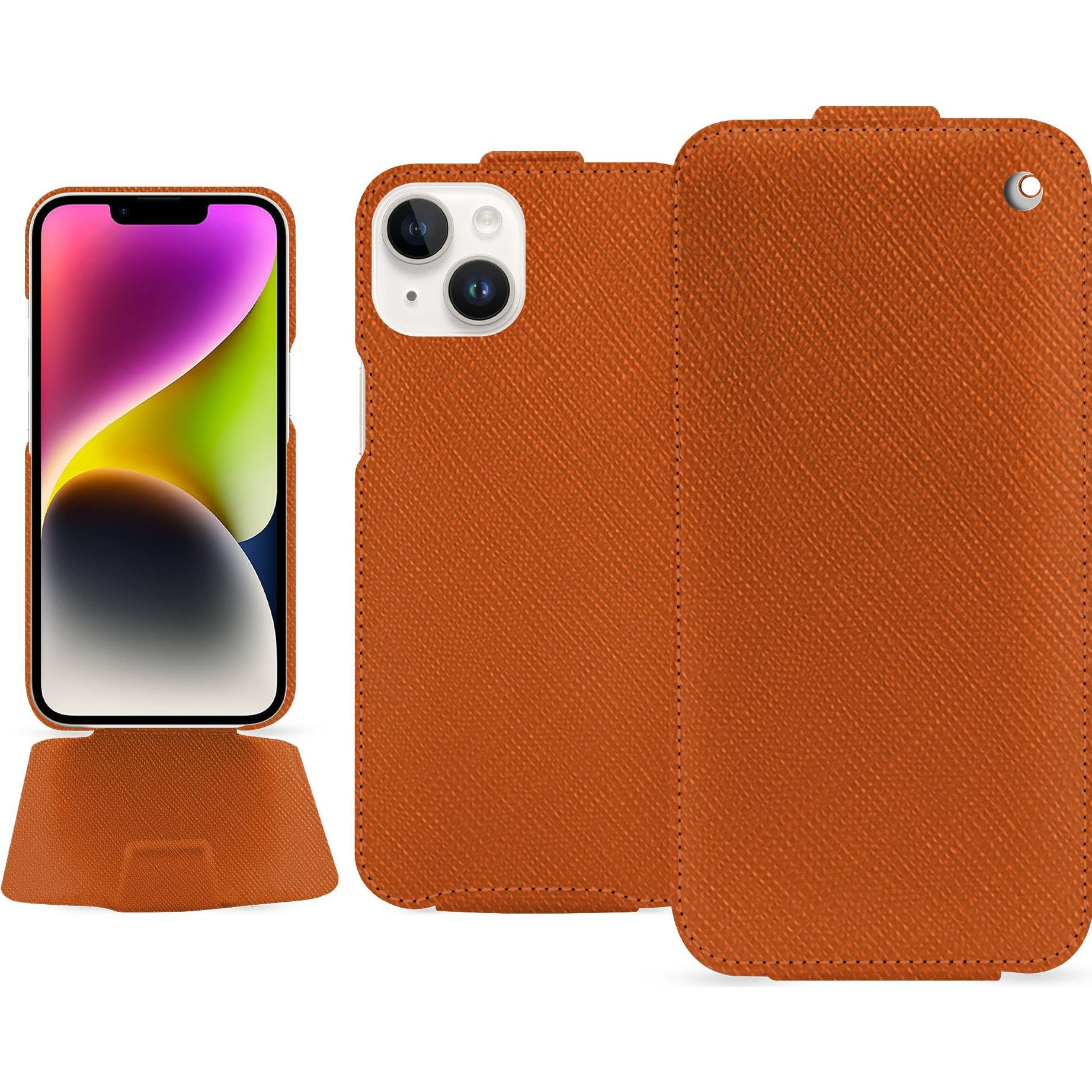 Noreve Lederschutzhülle vertikal (Apple iPhone 15 Plus), Smartphone Hülle, Orange