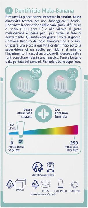 Actual product image Chicco Fruity toothpaste with apple/banana flavour, WITH fluoride 1000ppm, 50ml - 6-24m (50 ml)