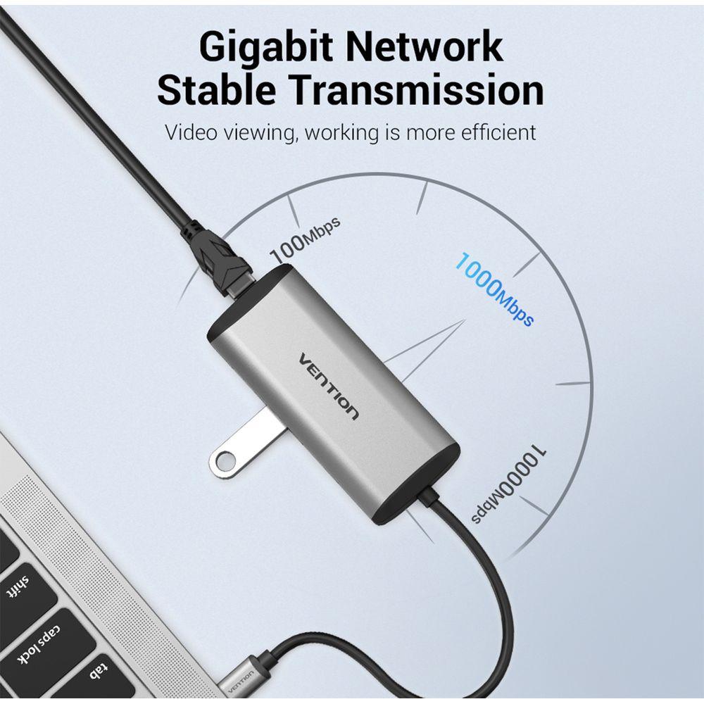 Thumbnail - Vention Multifunktion Adapter HDMi, 3xUSB, TF, SD, RJ45 (USB-C, 9 Ports), Dockingstation + USB Hub, Grau