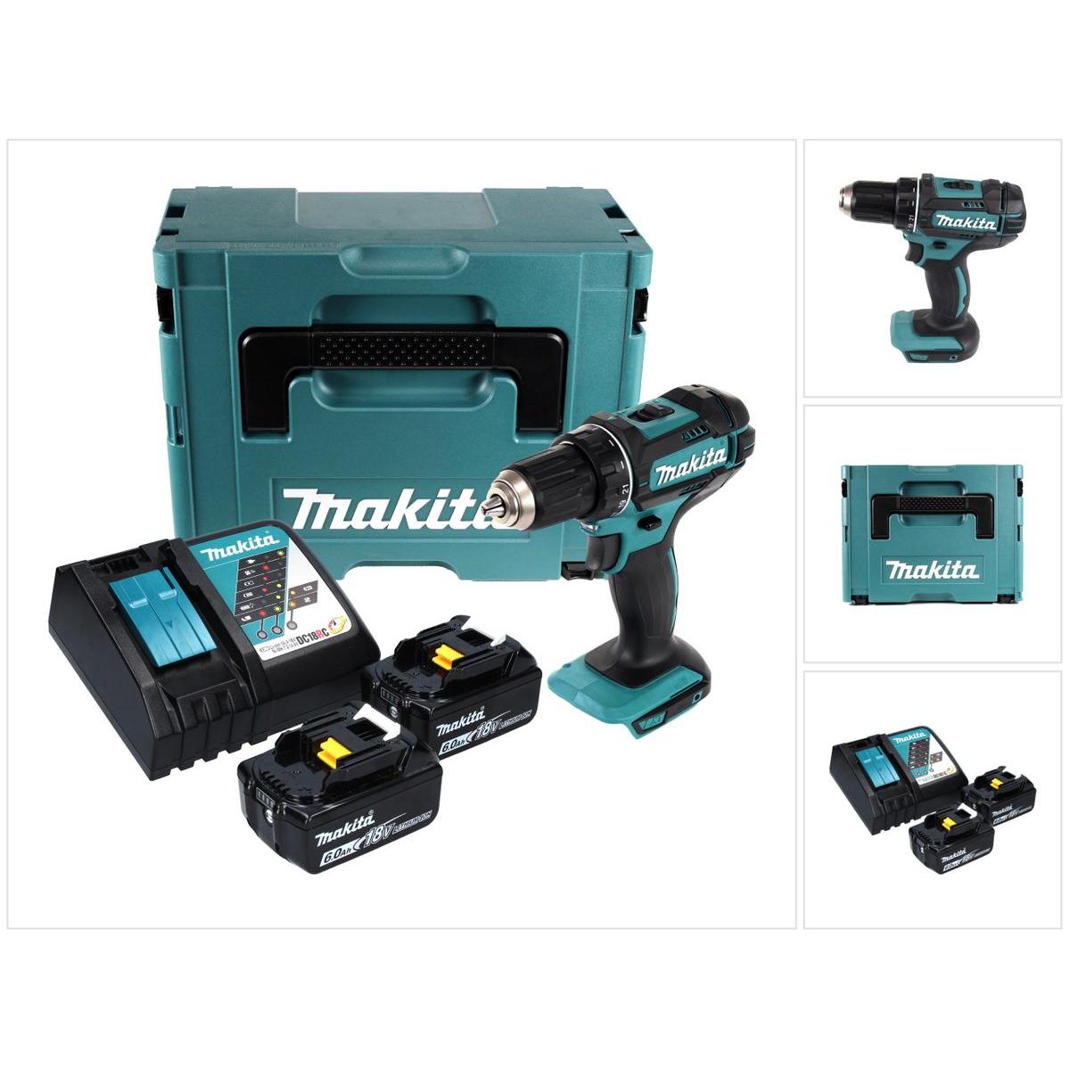 Makita, Bohrmaschine + Akkuschrauber, DDF 482 RGJ Akku Bohrschrauber 18 V 62 Nm + 2x Akku 6,0 Ah + Ladegerät + Makpac (A...