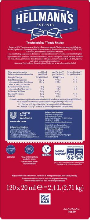 Nährwerte und Zutaten Hellmann's Tomato Ketchup 120x20ml (3100 g)